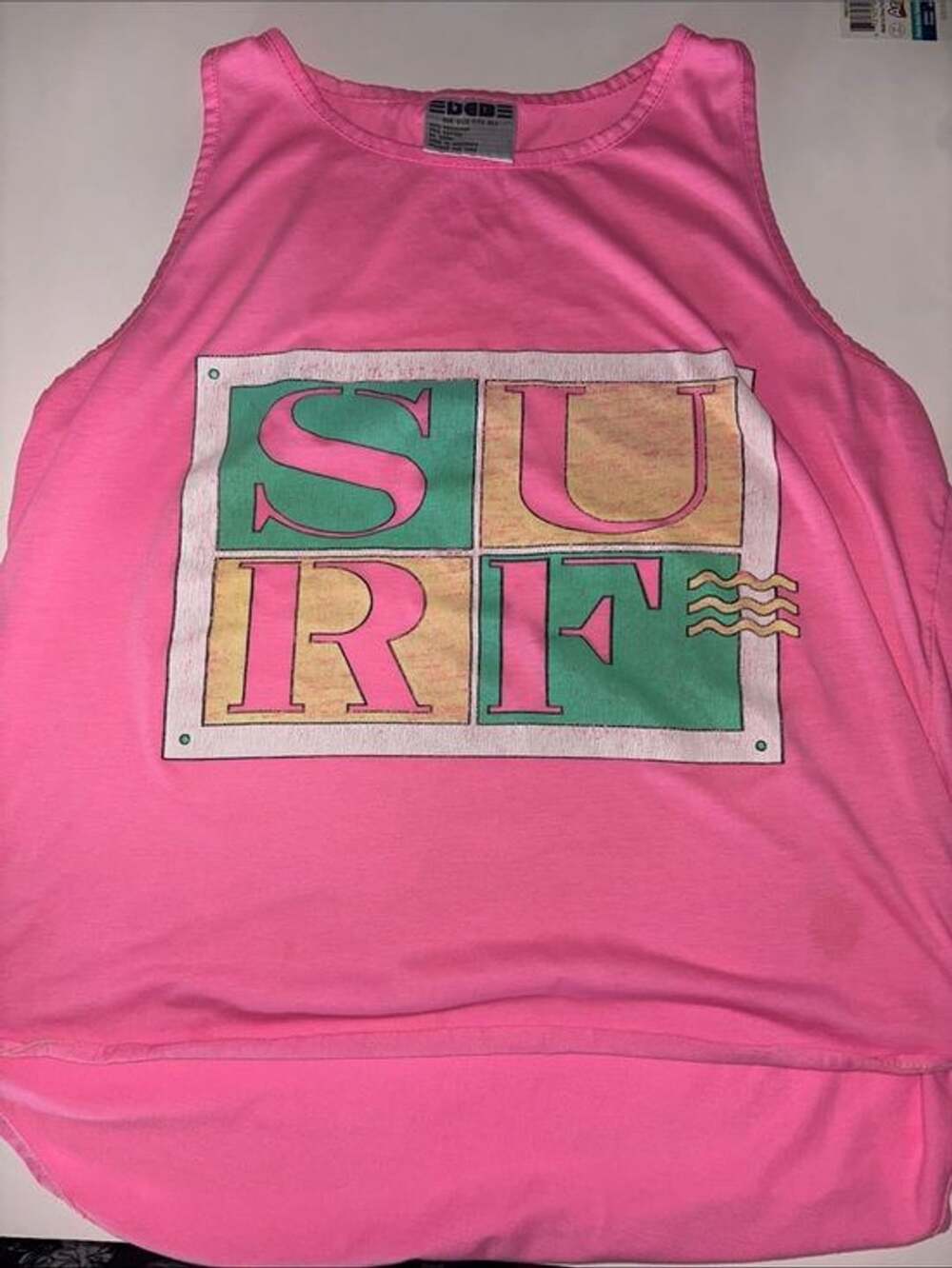 Vintage DEB  Pink Graphic SURF Tank with Green and Yellow Print